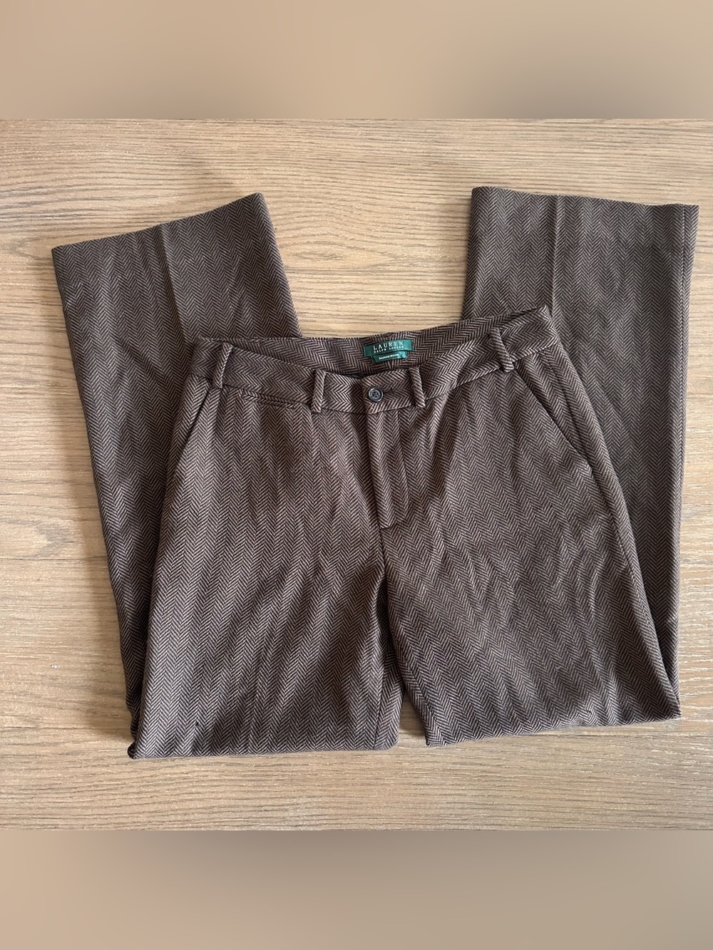 Lauren Ralph Lauren Sanderson Wool Pants Size 8 Brown Herringbone Wide Leg Trous
